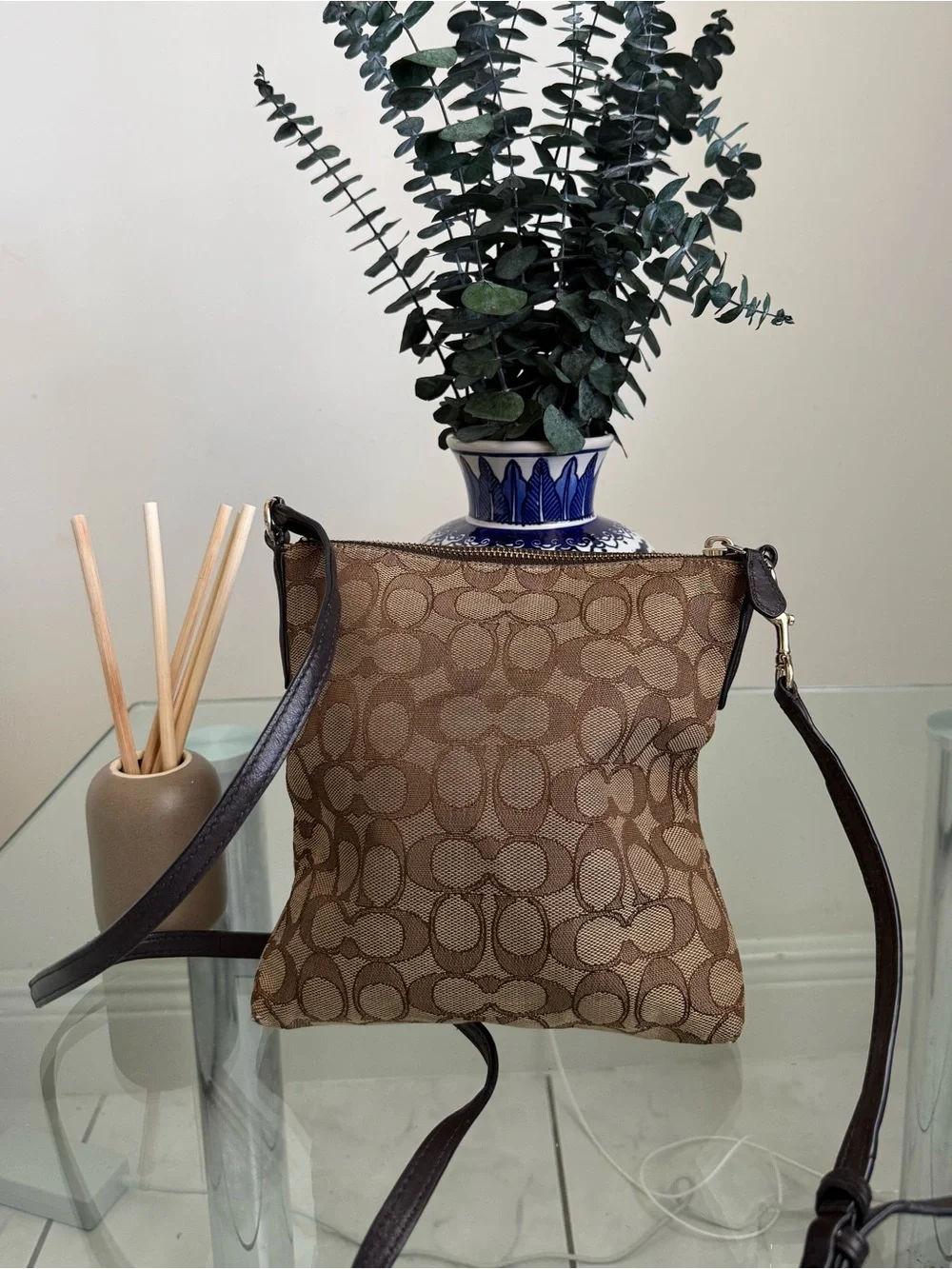 Coach Brown Signature Crossbody Bag with Dark Brown Trim